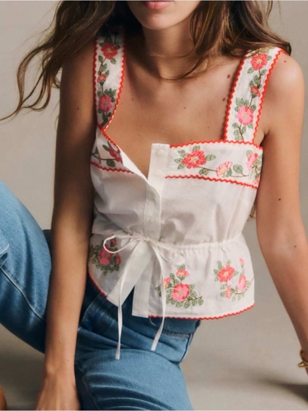 Sezane Nouri Top Pink Green Placement Embroidery Ecru Background - Size 8